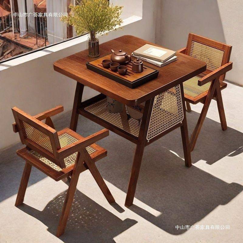 实木阳台茶桌椅组合简约洽谈桌网红一桌两椅小户型休闲藤椅三件套
