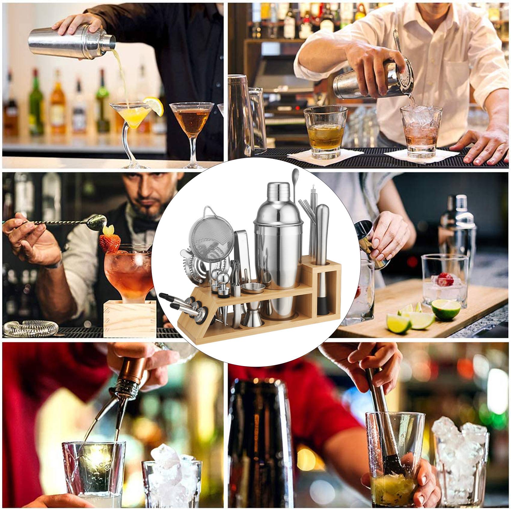 不锈钢调酒器 创意竹架鸡尾酒摇酒壶酒吧调酒工具套装19+1件套