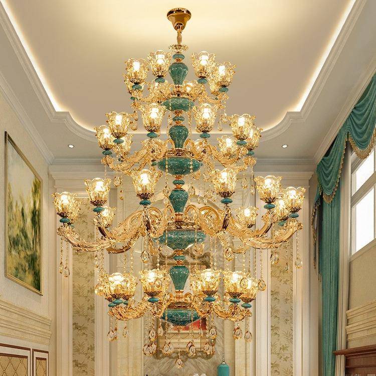 复式楼客厅大吊灯欧式别墅水晶楼梯中空楼中楼挑高跃层大厅酒店灯