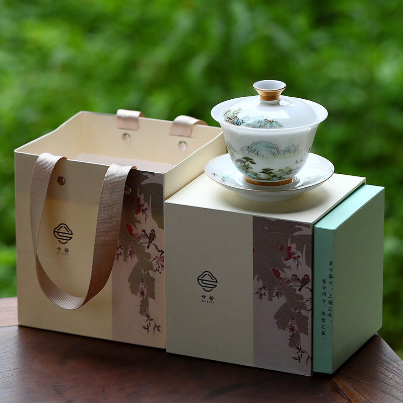 羊脂玉瓷冰种白玉瓷三才盖碗单个家用陶瓷大号泡茶碗轻奢高端功夫