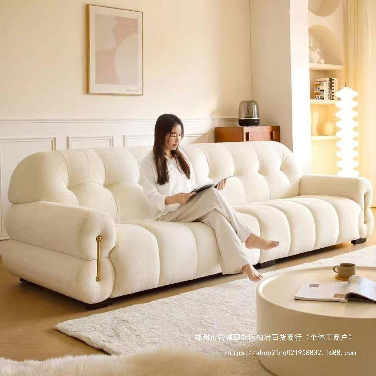 奶油抓风白色约法式猫布沙发客161厅小户布型艺沙发奶糖云简朵沙