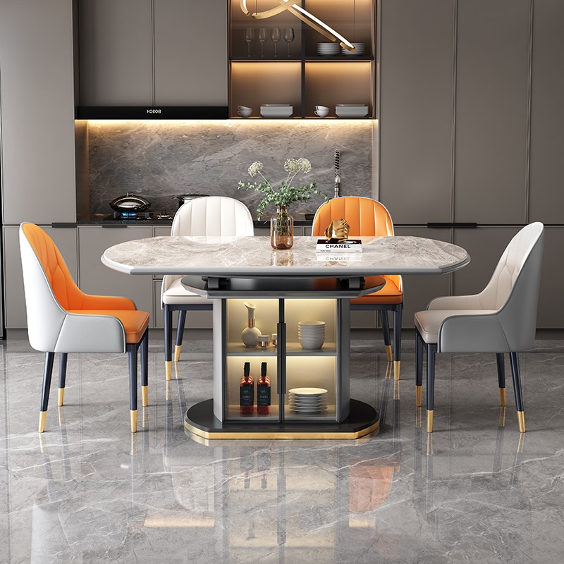 轻奢岩板餐桌现代l简约可变圆桌储物饭桌家用小户型电磁炉伸缩折