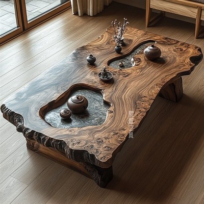 侘寂风民a宿酒店原木风客厅实木大板休闲实木茶几茶桌氛围感茶几