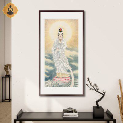 工笔人物国画南海白衣观音菩萨画像玄关书房中式卷轴挂画水晶摆台