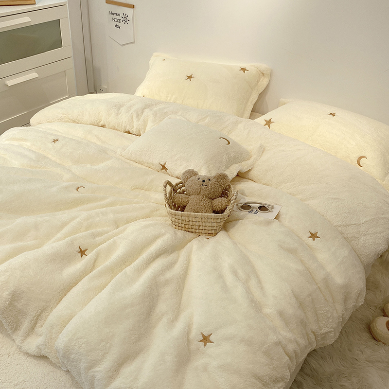冬季白色加绒泰迪绒珊瑚绒床上四件套F公主风被套刺绣双面绒床单