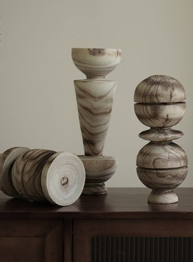 栗石侘寂风实木抽象几何艺术摆件复古创意碳化木S样板间装饰品摆