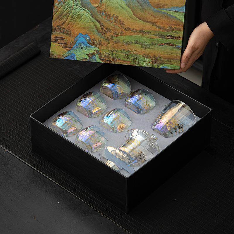 新品创意水晶玻璃千里江山功夫茶具套装家用盖碗茶杯商务会议礼盒,餐饮具,整套茶具,淘宝优惠券,粉丝福利购,淘宝优惠卷