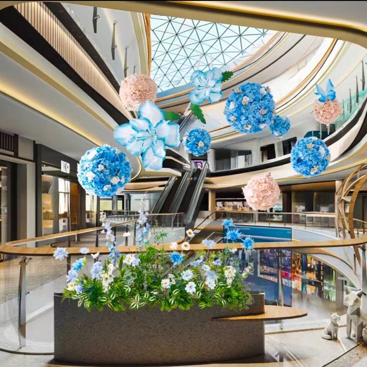 室内空间吊顶装饰球型植物绣球花仿真花高端轻奢酒店大堂商场美陈