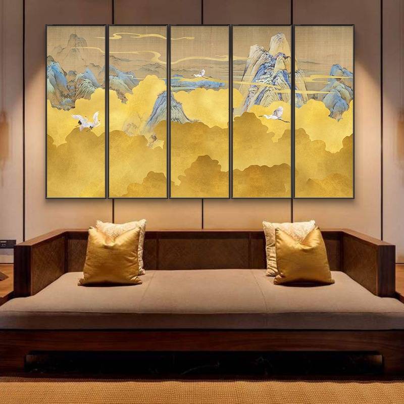 中式竖版装饰画抽象黄色意境风景画酒店大堂四联画茶室瑞鹤图挂画