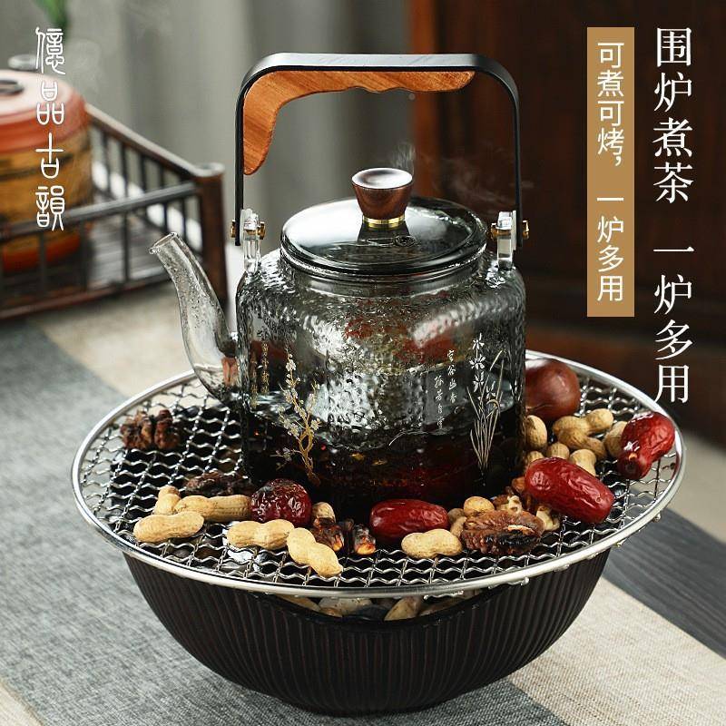 锤玻璃提梁壶加耐热壶蒸煮玻璃茶壶提梁壶厚过滤煮茶四方君子纹壶