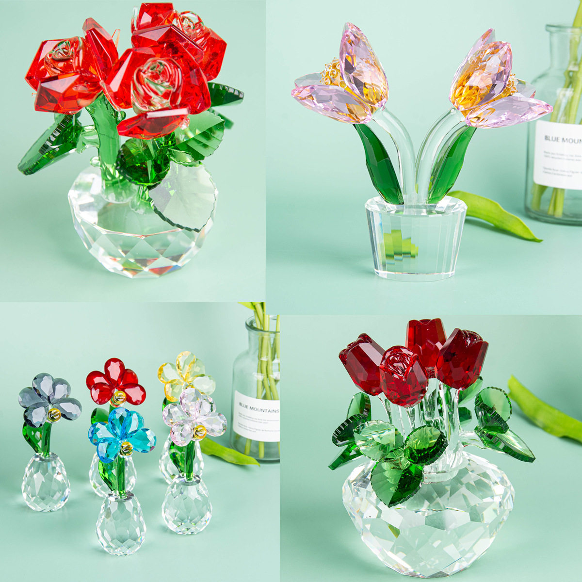 水晶玫瑰花摆件君子兰蝴蝶花创意家居车内装饰情人节水晶花摆件