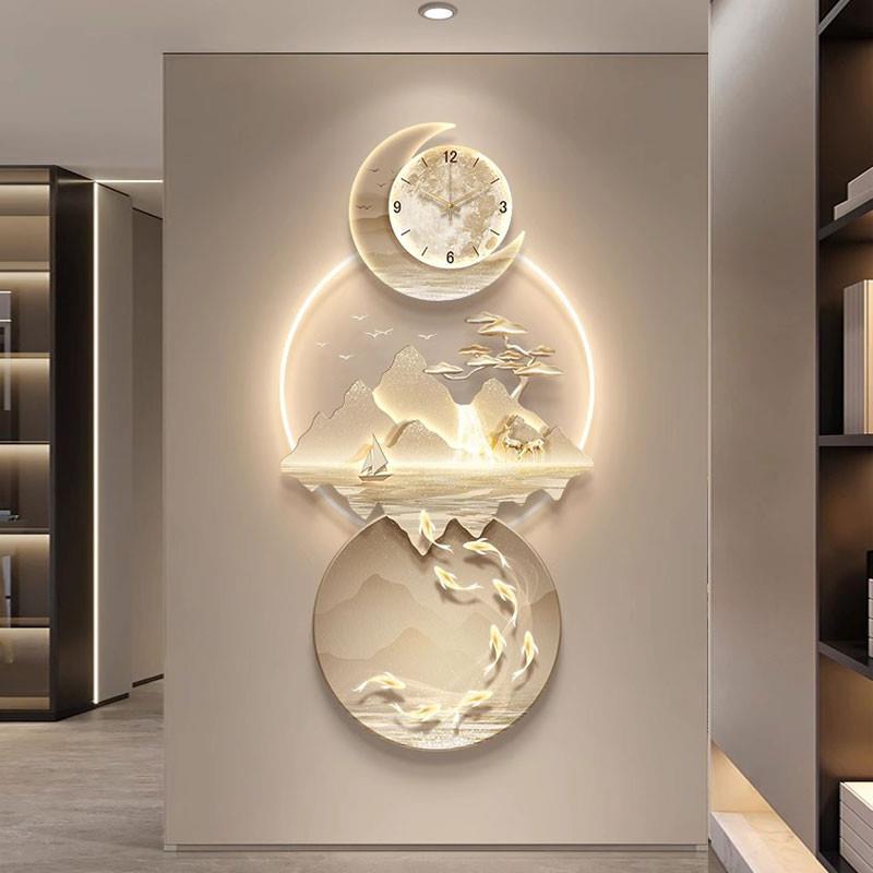 鱼图玄关装饰画带钟表流水生财走廊过道异形精雕led灯山水挂画