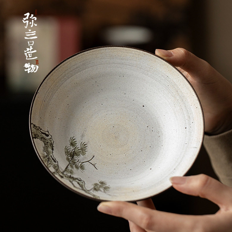 弥言复古粗陶手绘松风壶承家用蓄水茶台手工干泡台家用粉引茶点盘