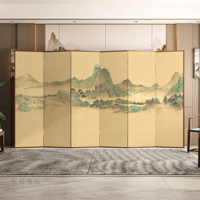 ?新中式实木屏风隔断客厅玄关折叠移动办公室酒店古典山水双面