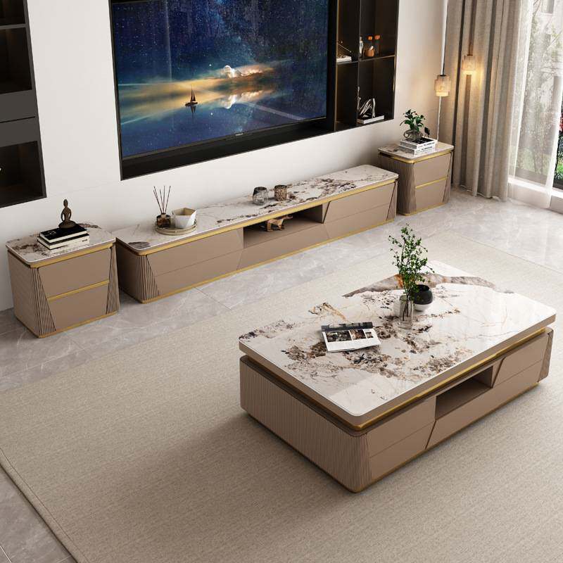 轻奢升降茶几电视柜组合家用高端现代客厅大户型多功能岩板茶几桌