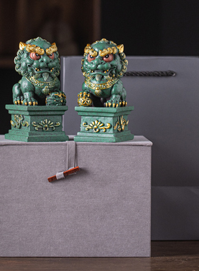 创意招财石狮子一对彩金高档礼盒装公司店铺开业乔迁礼.品桌面装