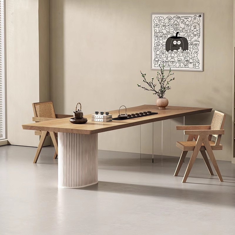 奶油简约c整板实木茶桌客厅办公茶桌椅组合自然边一体式泡茶桌