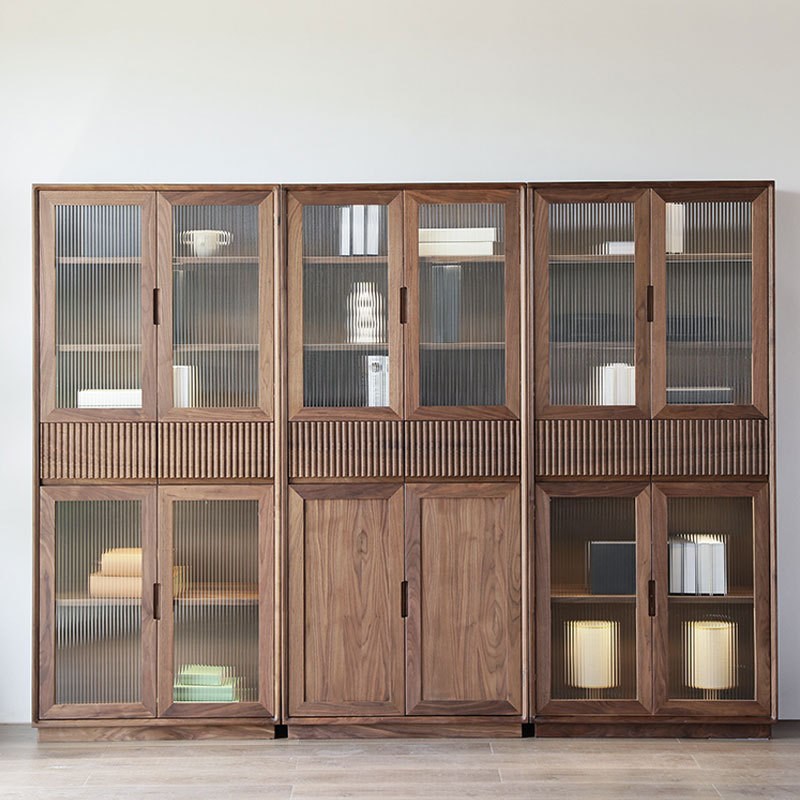 北美黑胡桃木实木书柜现代简约樱D桃木原木一体靠墙组合落地书