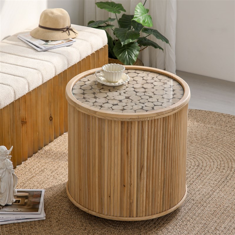 原木茶几覆古g圆形实木边几民宿简约休息圆桌诧寂风创意客厅小茶