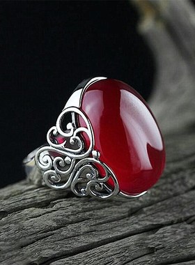 热卖镂空b花纹戒指 红玛瑙玉髓925复古简约镂空雕花洪刚玉戒指