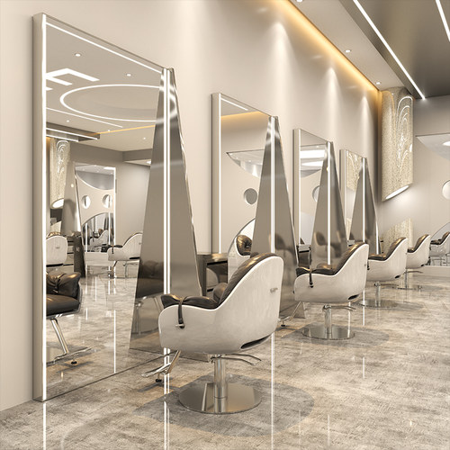 理发店镜子简约带灯不锈钢美发店镜台发廊专用靠墙双面剪发落地镜