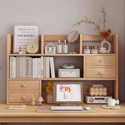 高端实木书架桌面置物架书桌收纳一体靠墙写字台桌上储物柜小书柜