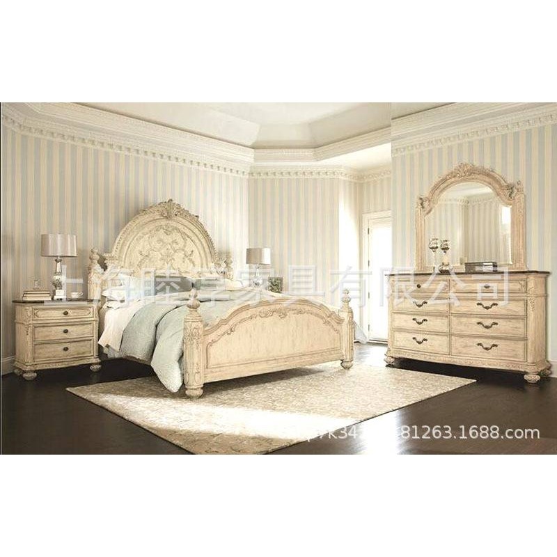 法式简欧实木床雕花双人床美式法式白色仿古橡木床1.8米主卧家具