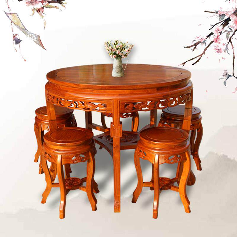 2木鸿鼎老榆餐桌椅组合实木饭店圆桌I明清仿古中式用小家户型23吃