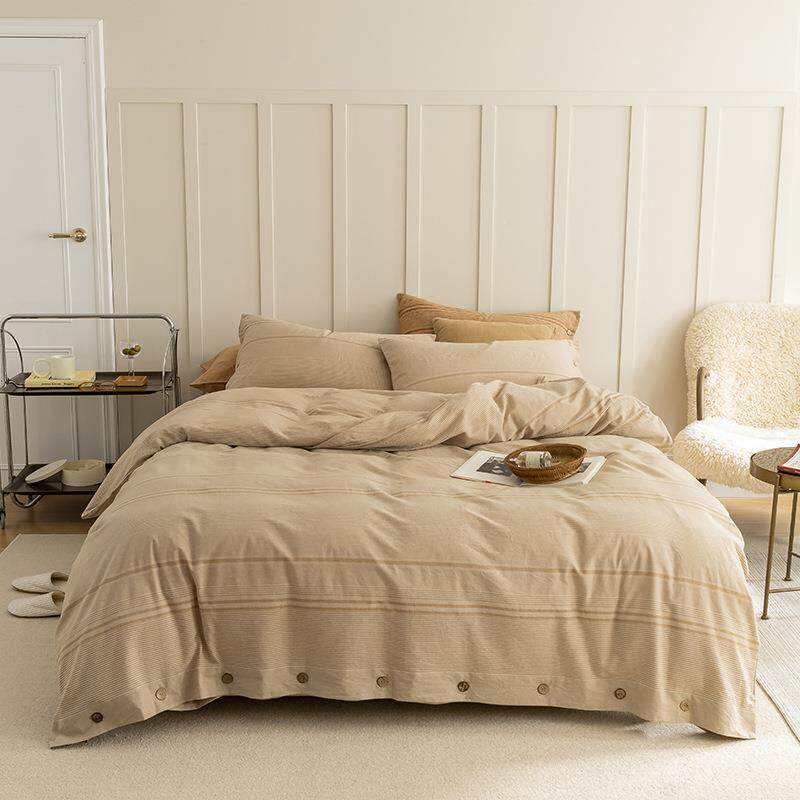 日A类式简约纯棉PZ256纽扣水单洗棉色织提花件套全棉床民宿被套床