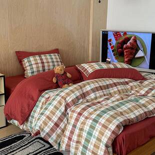 复古风全棉层纱双四件英简套约格子纯棉纱布套XK件条纹伦风床上用