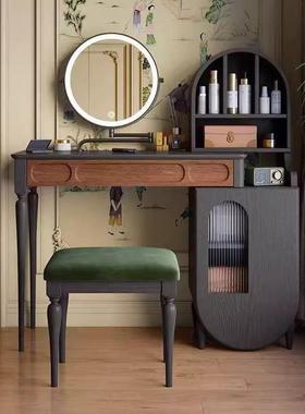 新款复WSV古梳妆台复古风户型木黑实色化妆桌小卧室小一体型网红