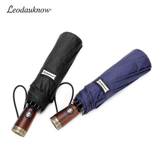 Leodauknow全自动十骨黑胶防晒伞实木铜柄加固商务伞晴雨伞广告