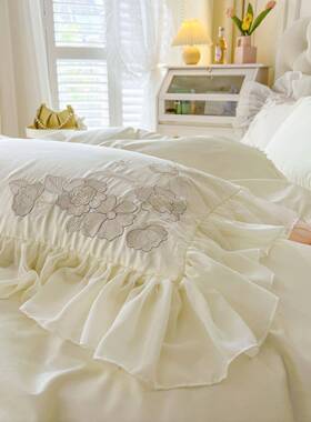 J6DA法白色床裙款床上四件套纯棉式全F69TS8棉套公主蕾丝花边被床