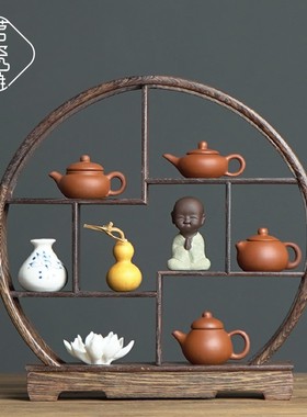 新中式茶壶博g古架软装饰品家居客厅玄关桌面办公室柜子实木小摆