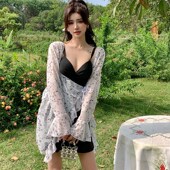 钢圈三件套度假防 分体带罩衫 大码 泳衣女微胖mm200斤遮肉显瘦裙式