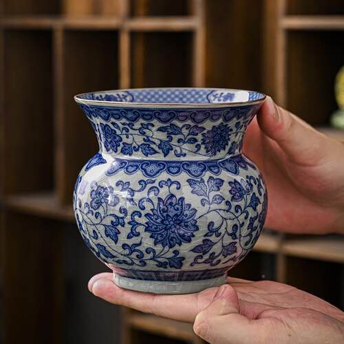 老陶青花茶渣缸建茶洗陶泥瓷茶盂水茶水桶笔盂洗水茶YC00308道零