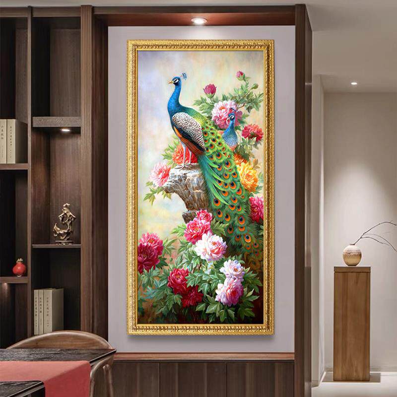 画手绘孔雀丹入油户门TEJ过道玄现代简约走廊牡新中式装饰关挂画