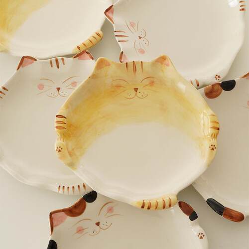 白V5O屿GHI日系小猫4盘手绘釉下彩家用盘菜盘甜品盘子猫咪盘和风