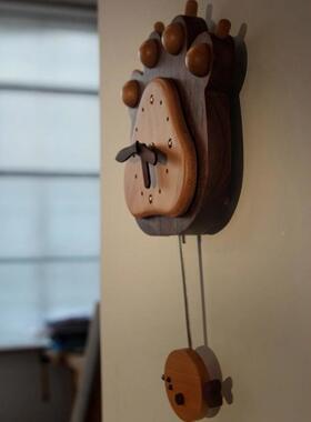 日鱼和熊钟掌实木挂钟静时音NHX摆钟黑胡桃客厅儿童房间家用式原