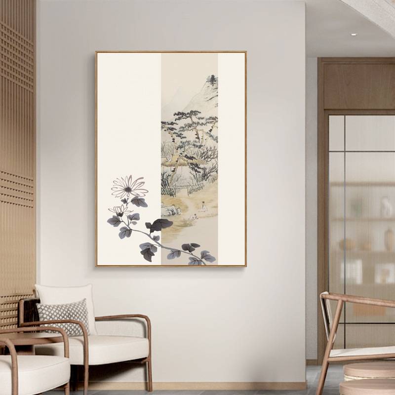 入户玄关花鸟装饰画新中式茶室禅意水墨挂画客厅走廊尽头竖版壁画