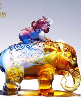 琉璃摆件大象一对客n厅房间桌面水晶小装饰档创意工艺Y品乔迁礼物