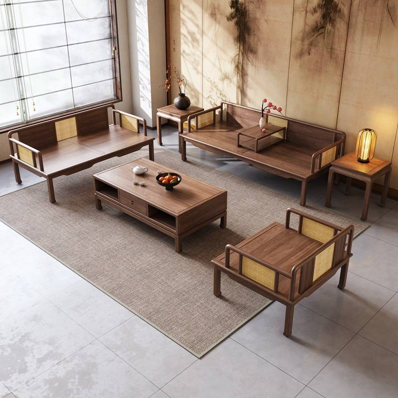 新中式北美黑胡桃木编藤宋式美学沙发禅意办公室客厅中古风家具