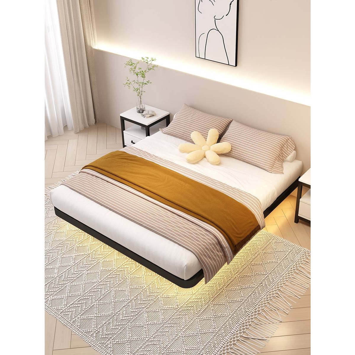 ?悬浮床简约无床头小户型榻榻米排骨架悬空刚架双人主卧铁艺床钢