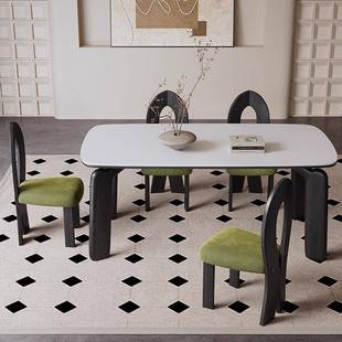 法式 油风岩板桌长方形奶现代简约餐家1用小户型白蜡木大餐象腿桌