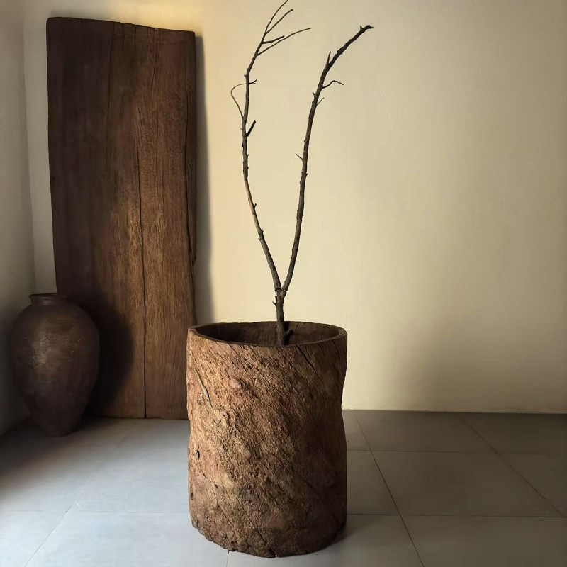 侘寂风老木d桶枯木插花老旧摆件木桶装饰侘寂风艺术空间装饰桶251