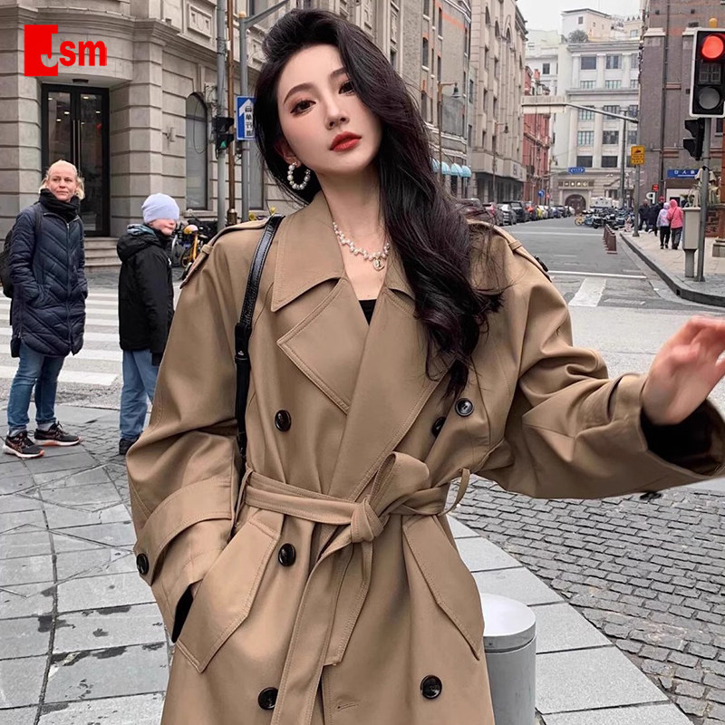 就世美风衣外套女款新款巨好看廓形高个子双排扣长款卡其色大衣