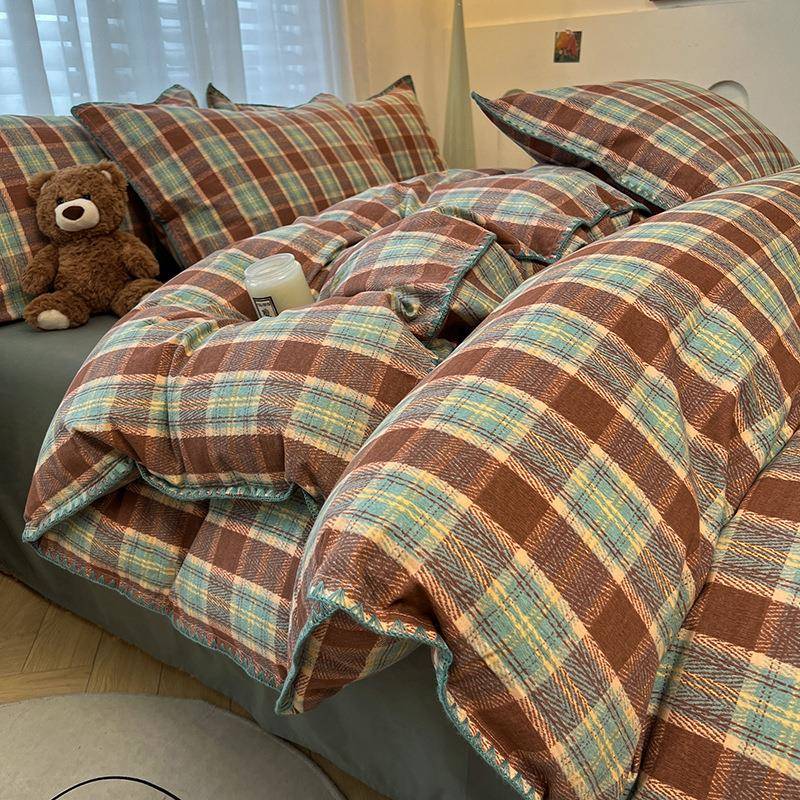 A类100全棉磨毛贝壳边格子四件套加厚纯棉被套床单人三件套床笠