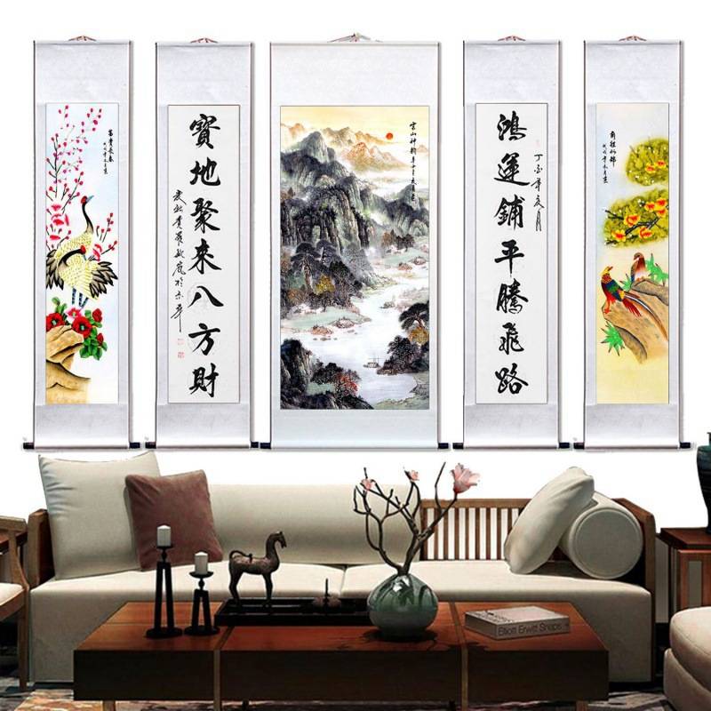 五联中堂风水靠山客厅挂画农村堂屋山水卷轴书装裱办公室沙发玄关