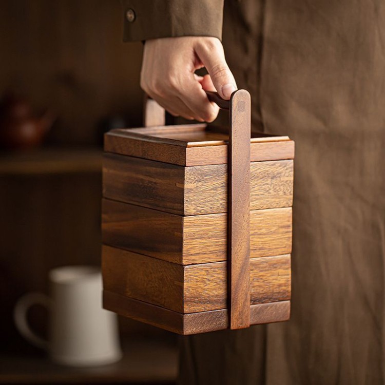 中式胡桃木多层手提果盒大分格茶点收纳盘家用年货配件干果果盘
