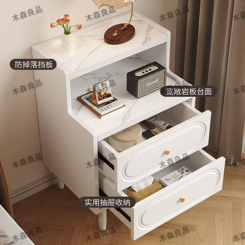 中古实木床头柜岩板储物柜美式复古简约黑色卧室收纳双层床边柜